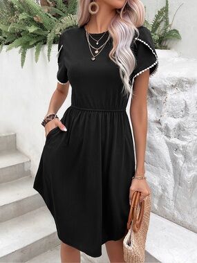 Perfee Round Neck Petal Sleeve Dress with Pockets
